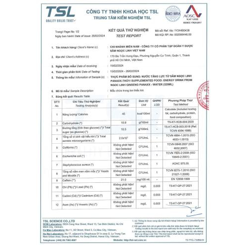 Giấy kết quả mẫu thử nghiệm sản phẩm