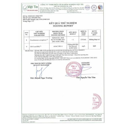 II. Kiểm nghiệm các chỉ tiêu chất lượng đạt QCVN 6-2:2010/BYT