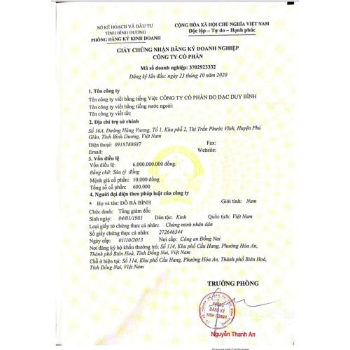Giấy Chứng Nhận Đăng Ký Doanh Nghiệp Công Ty Cổ Phần